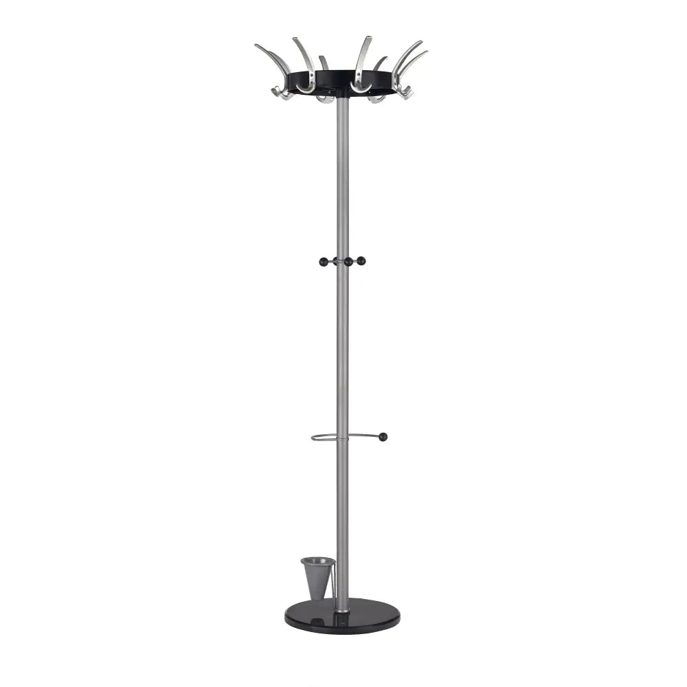 W47 kleshenger i sølv og svart metall, frontvisning med flere kroker og integrert paraplyholder.