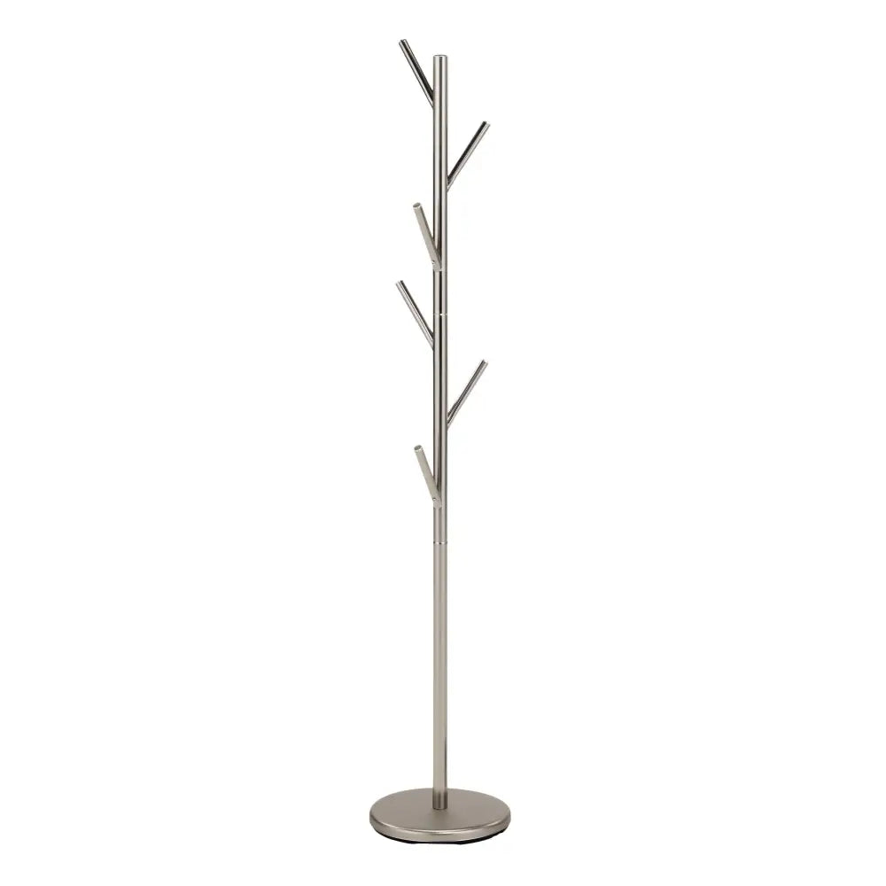 W61 sølv satin veggkrok, stumtjener i metall med flere armer i ulike høyder, frontvisning mot hvit bakgrunn.