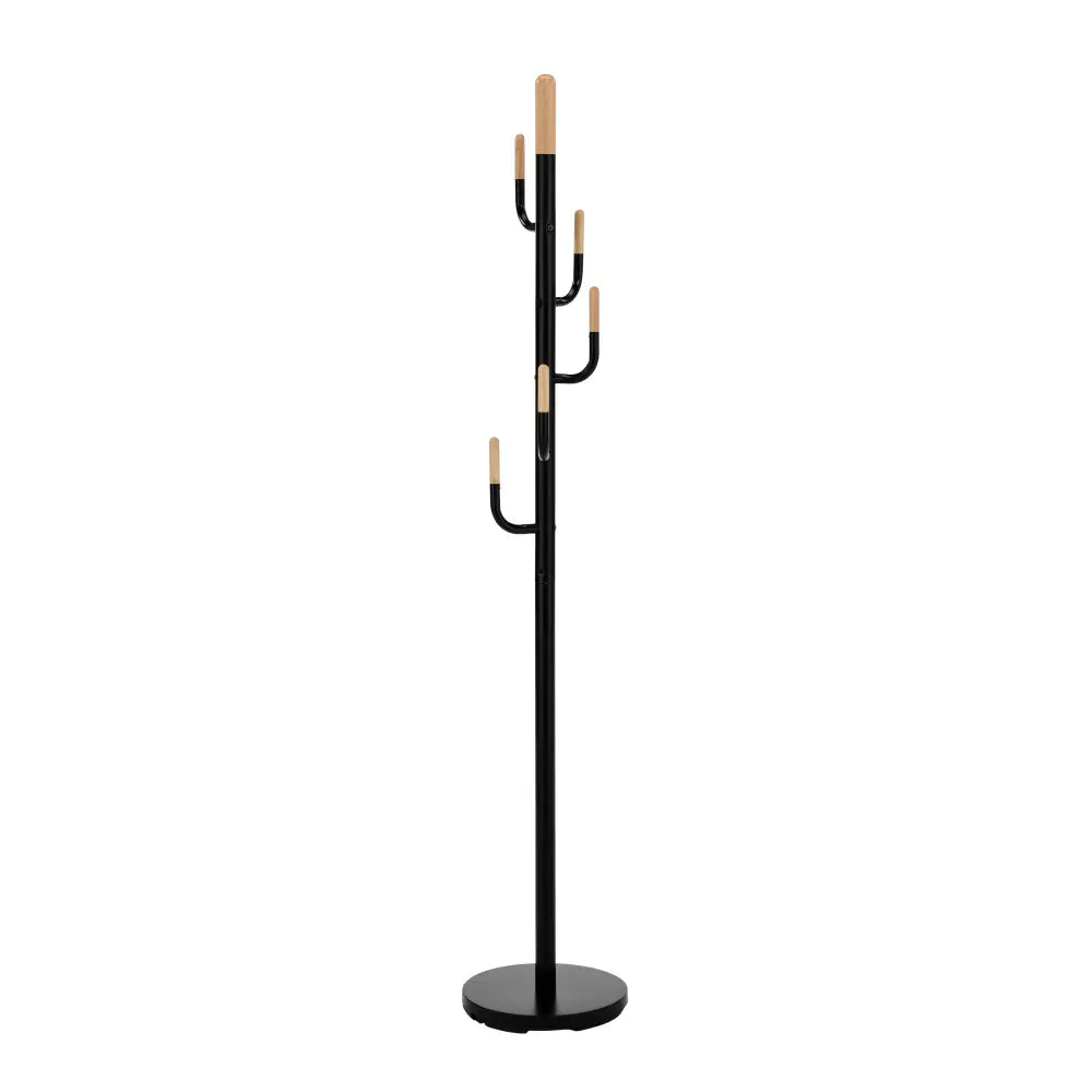 W62 krok svart, stumtjener i sort metall med seks lyse tretupper, frontvisning mot hvit bakgrunn.