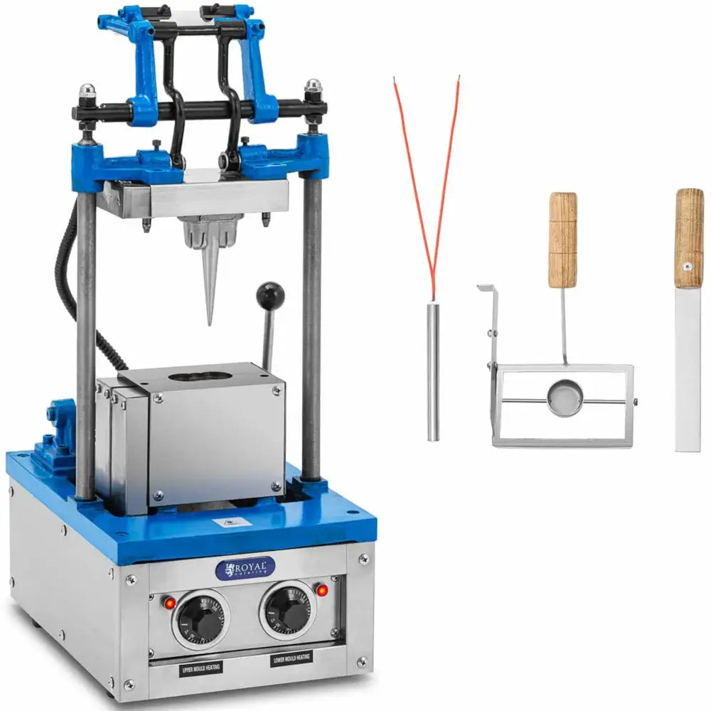 Wafeljern til iskremkjegler, front- og sidevisning med verktøy og metallsett, kontrollpanel med to dreiehjul.