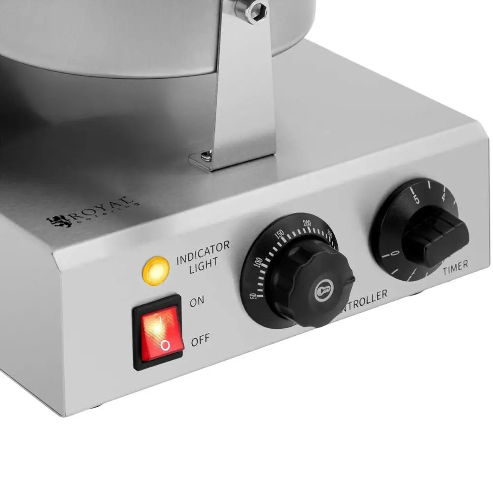 Wafeljern Vaffelkone, detaljvisning av kontrollpanel med rød bryter, indikatorlampe og justeringsknotter.