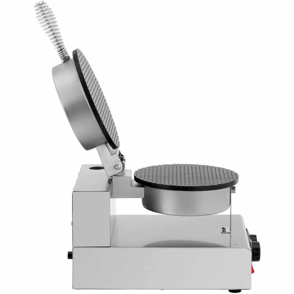 Wafeljern i rustfritt stål, sidevisning med åpent lokk, runde rutemønstrede plater og spiralhåndtak.