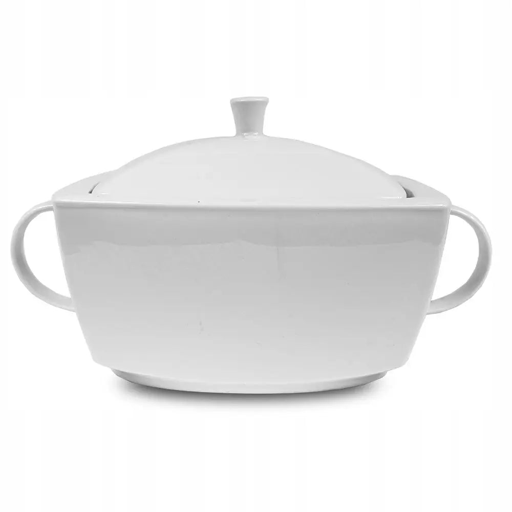 Serveringsbolle i hvitt porselen med lokk og sidehåndtak, minimalistisk design sett forfra.
