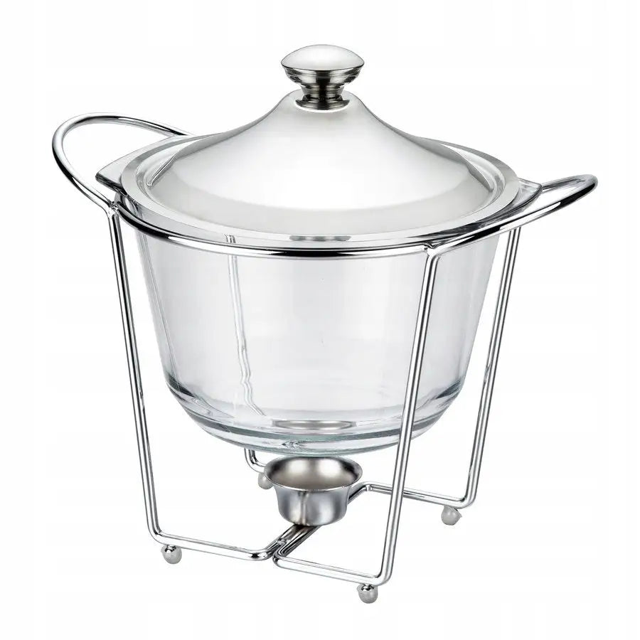 Waza Grytebestandig Rund Florina Ferro 4L med varmeholder, glassbolle i metallstativ med blåsbrenner under lokk.