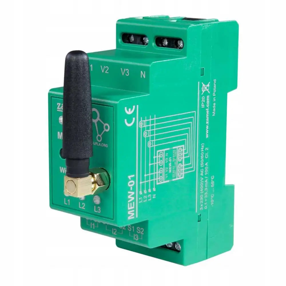 Wi-Fi elektrisk energi monitor, grønn modul med antenne og synlige tilkoblingsskruer i skrå vinkel.