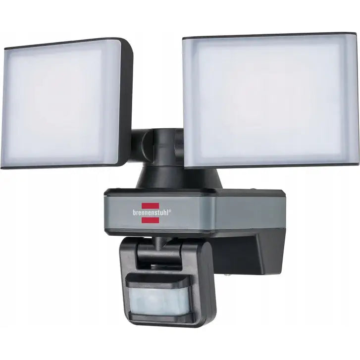 Wifi-lampe med to LED-paneler og bevegelsessensor i sort og grå plast, frontvisning mot hvit bakgrunn.