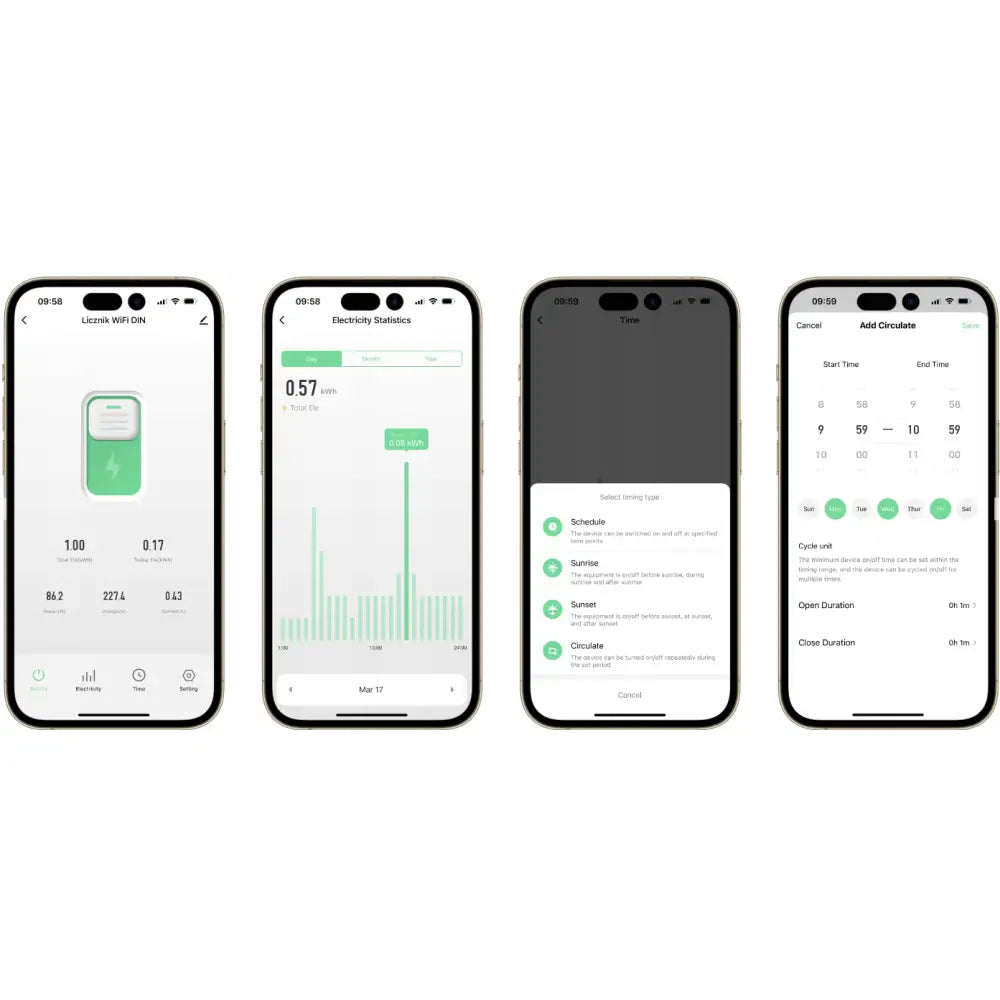 Fire smarttelefoner som viser ulike funksjoner i Tuya Smart-appen for Wifi Rele 63A, inkludert strømforbruk.