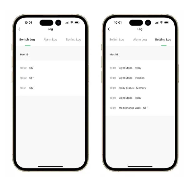 To mobiltelefoner med Tuya Smart-appen, viser detaljerte strømloggdata for Wifi Rele 63A.