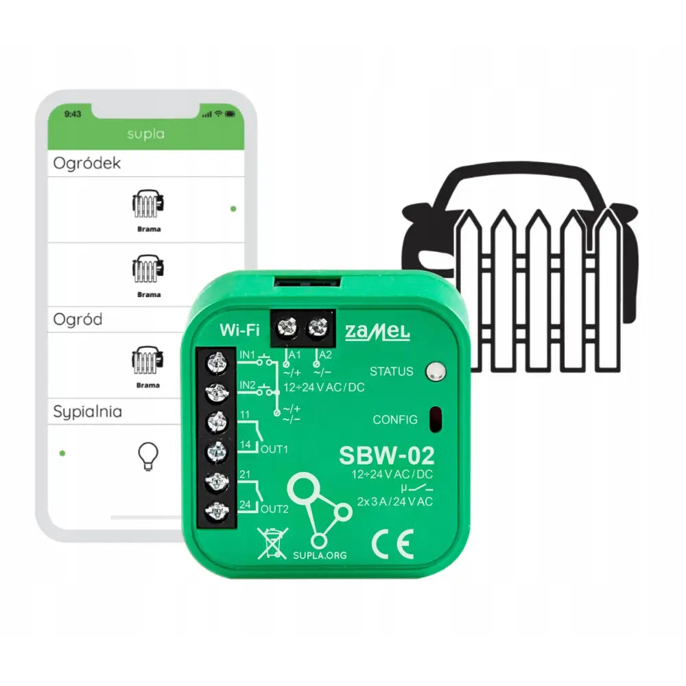 WiFi-styreenhet for port og gjerde, grønn modell med tilkoblingsklemmer, vist med app-illustrasjon og bil ved port.