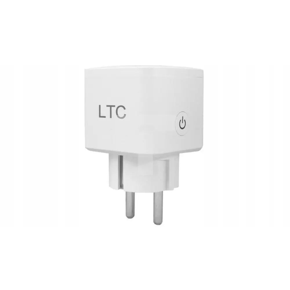 Wifi-styrt enkelt stikkontakt fra LTC, sidevisning med to plugger, synlig logo og avrundet strømbryter.
