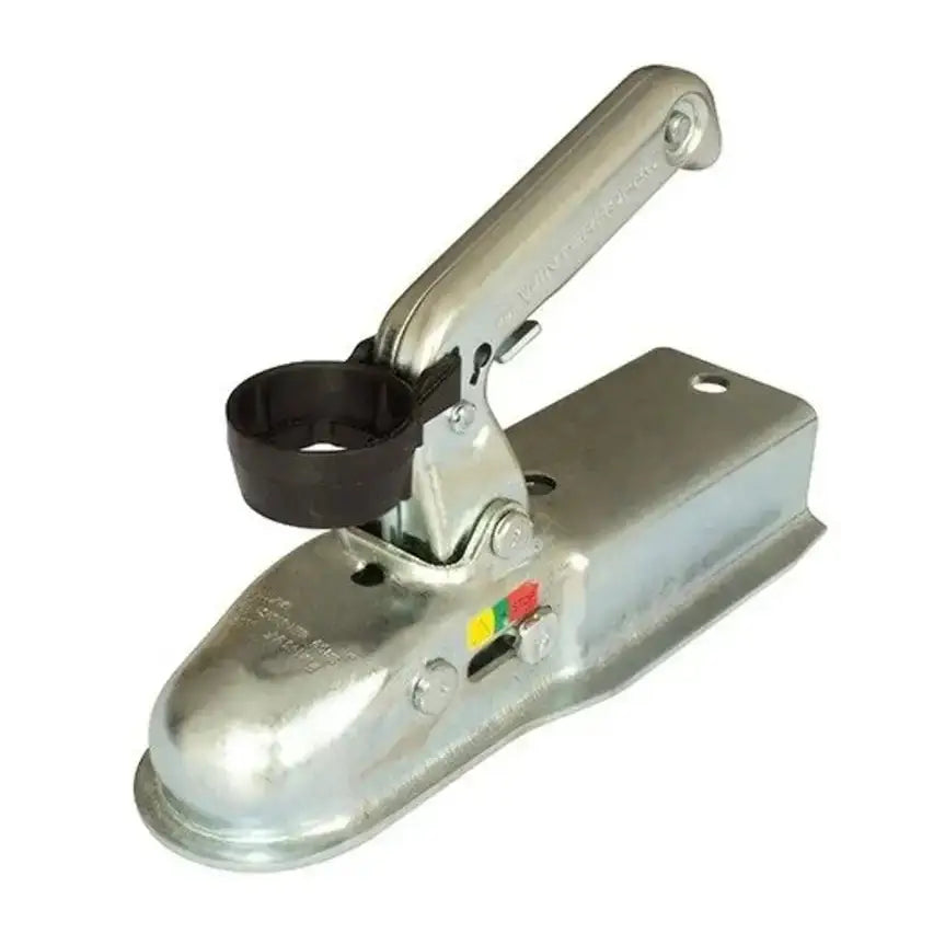 Winterhoff WW 150-VF tilhengerkobling, sølvfarget med håndtak og svart plastring sett fra topp og side.