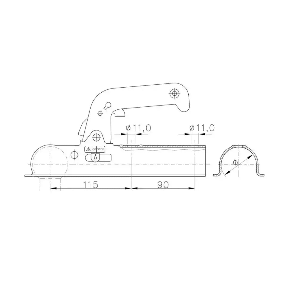 Winterhoff WW 8-B kulekobling, teknisk strekningstegning med mål og tverrsnitt av låsemekanismen.