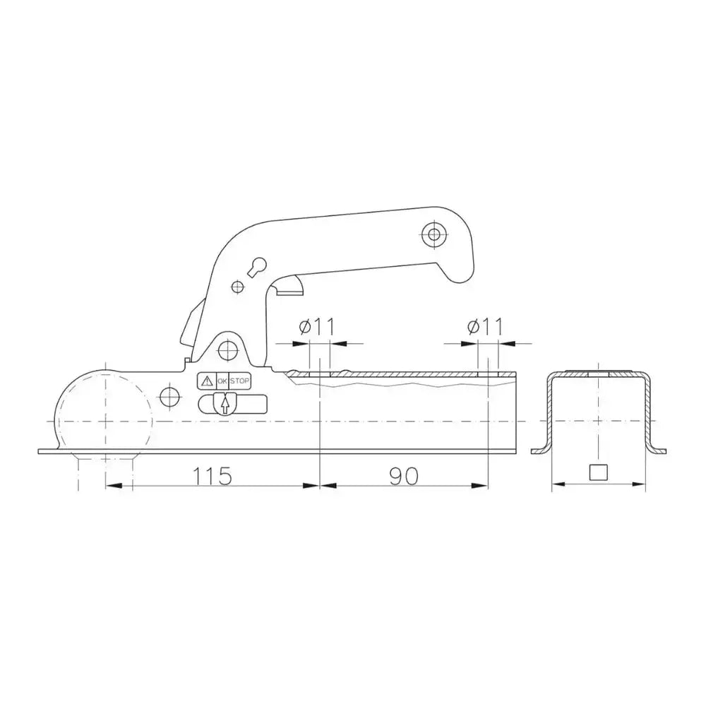 Winterhoff WW 8-H kulekobling, sidevisning av teknisk strekningstegning med mål og detaljert tverrsnitt.