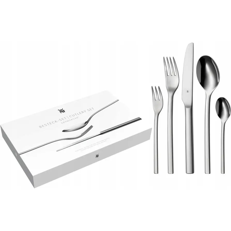 WMF Tavira bestikksett, fem deler i rustfritt stål med moderne design, vist foran esken.