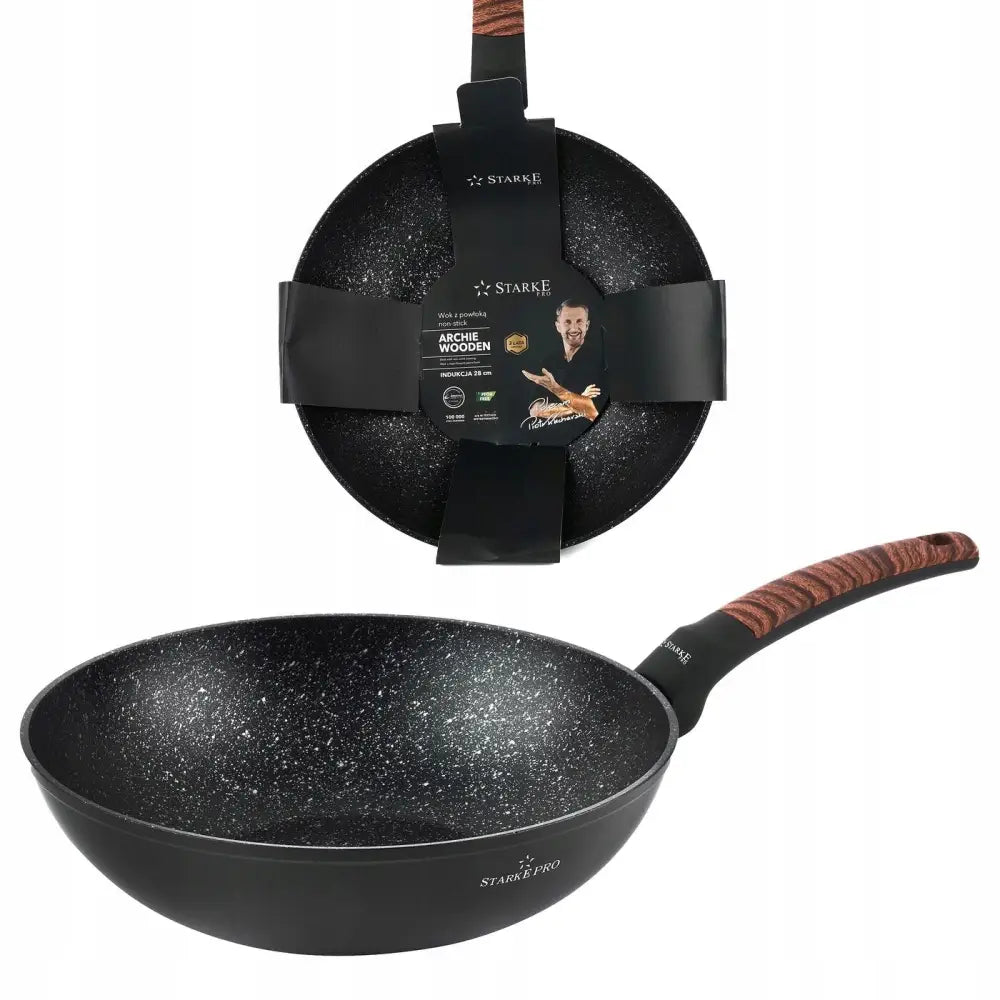Wokpanne Starke Pro Archie, sort med marmormønstret slippbelegg og treimitert håndtak, sett fra siden og ovenfra.