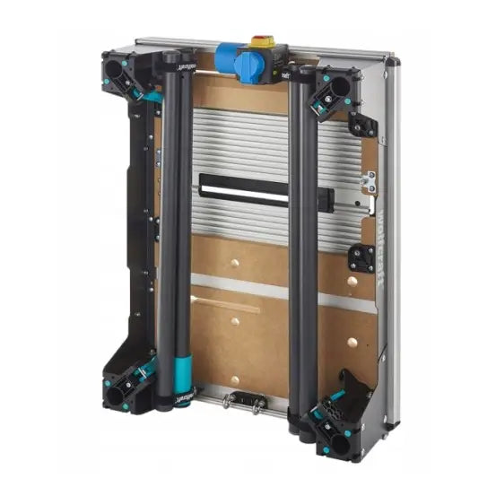 Wolfcraft Master 2200 kompakt maskinbord, sammenlagt stativ med synlige ledd og håndtak fra siden.