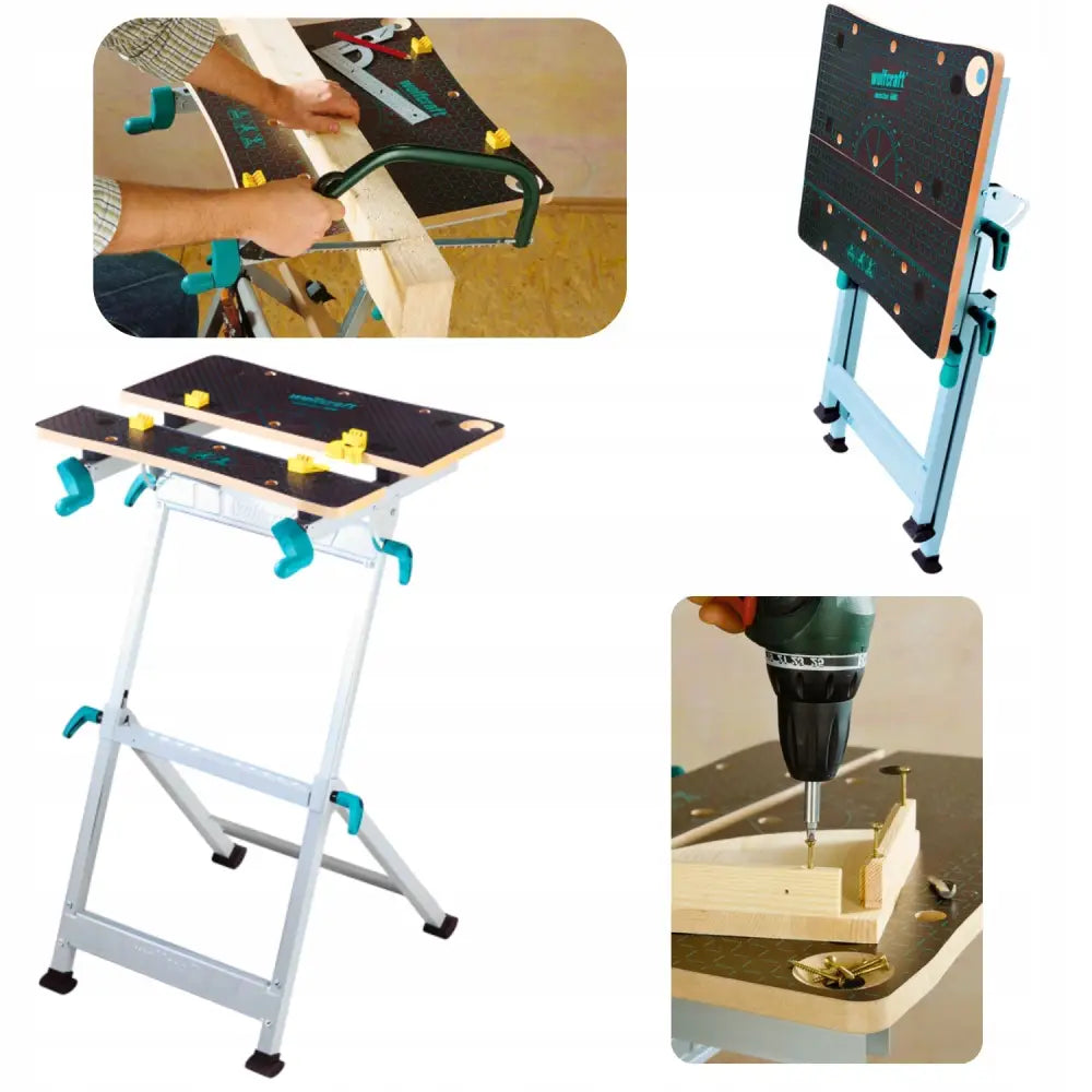 Wolfcraft Master 600 arbeidsbenk vist i bruk med håndsag og drill, både oppslått og sammenlagt, med spenner og målemarkeringer.