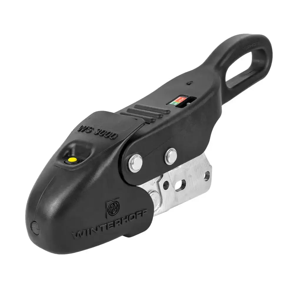 WS 3000 D + Z Winterhoff kulekobling, sidevisning med gul knapp, indikator og preget logo i plasten.