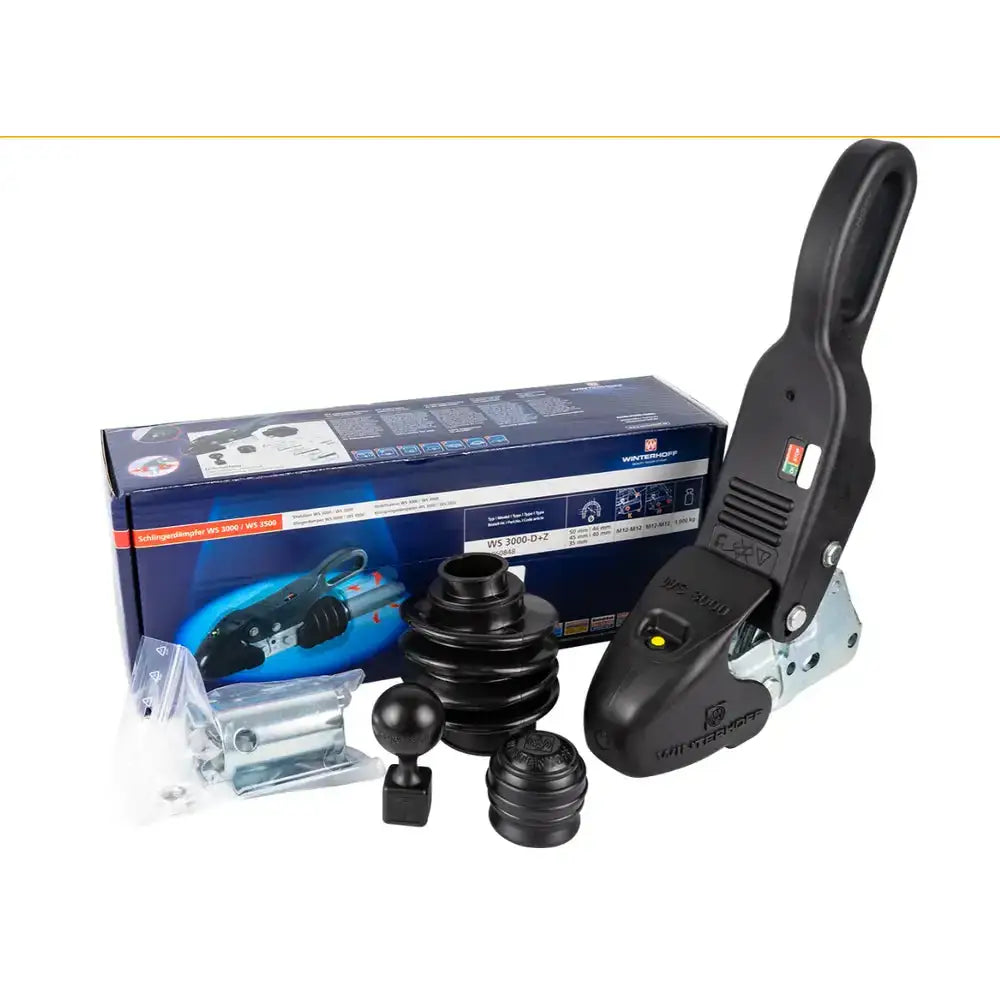 WS 3000 D + Z Winterhoff kulekobling med stabilisator, sett fra skrå vinkel med tilbehør og blå eske.