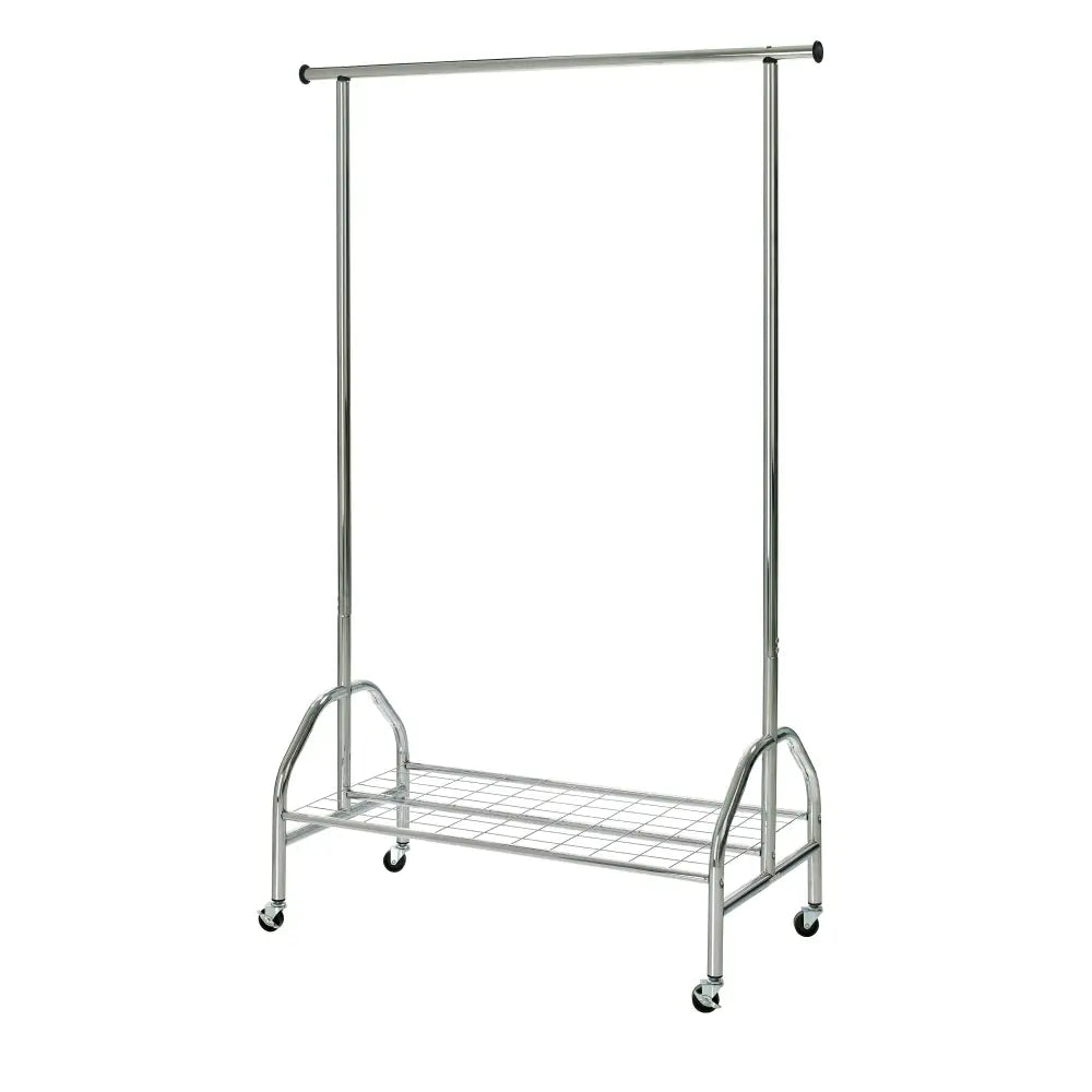 Kleshenger i sølvfarget metall med hjul, frontvisning som viser opphengsstang og netthylle for oppbevaring.