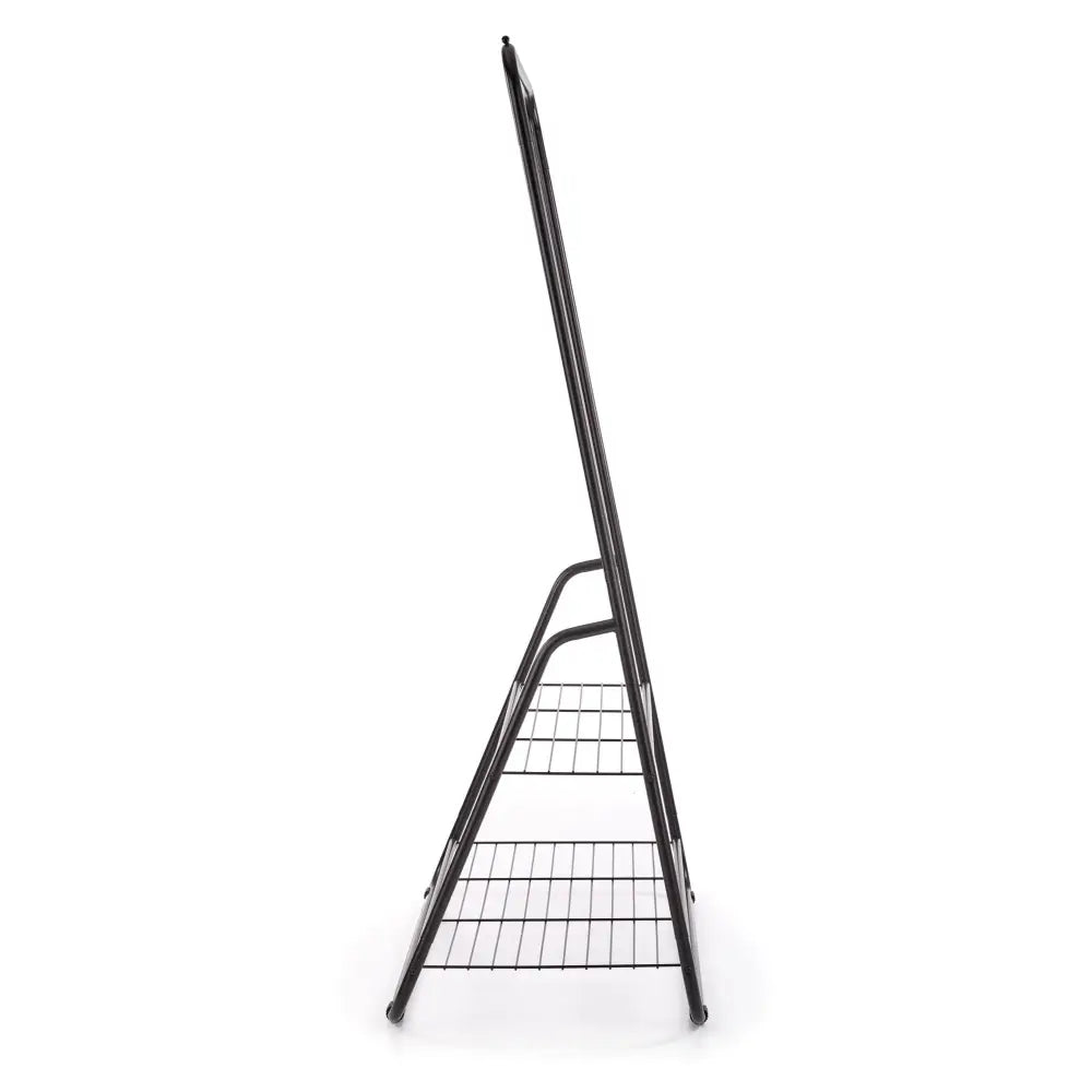 WU29 kleshenger i svart metall, sidevisning som fremhever de to nederste hyllene og vinklet ramme mot hvit bakgrunn.