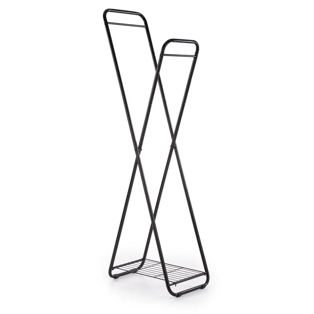 WU30 svart kleshenger, frontbilde som viser kryssende metallrammer, hylle nederst og to avrundede håndtak øverst.