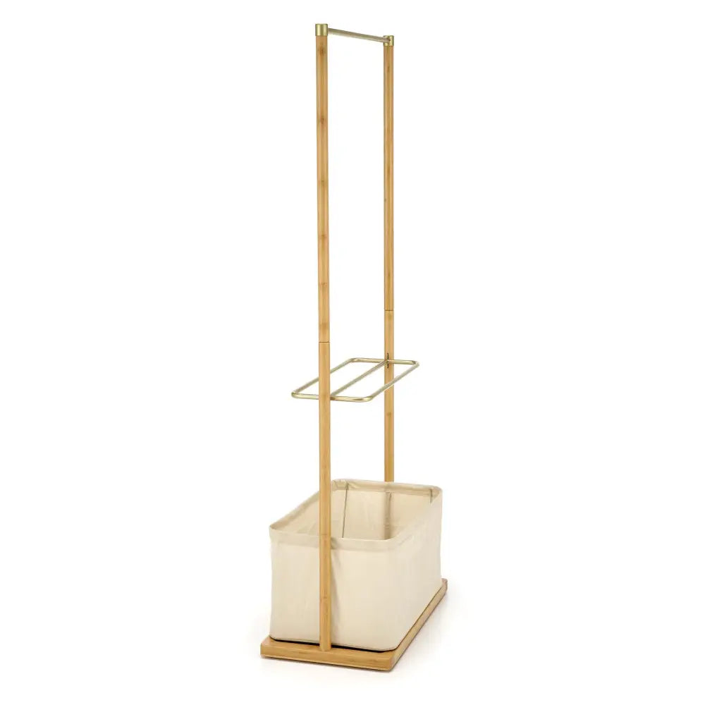 WU31 naturlig kleshenger, sidevisning som fremhever lyst treverk, metallbøyle og beige tekstilkurv på rektangulær base.