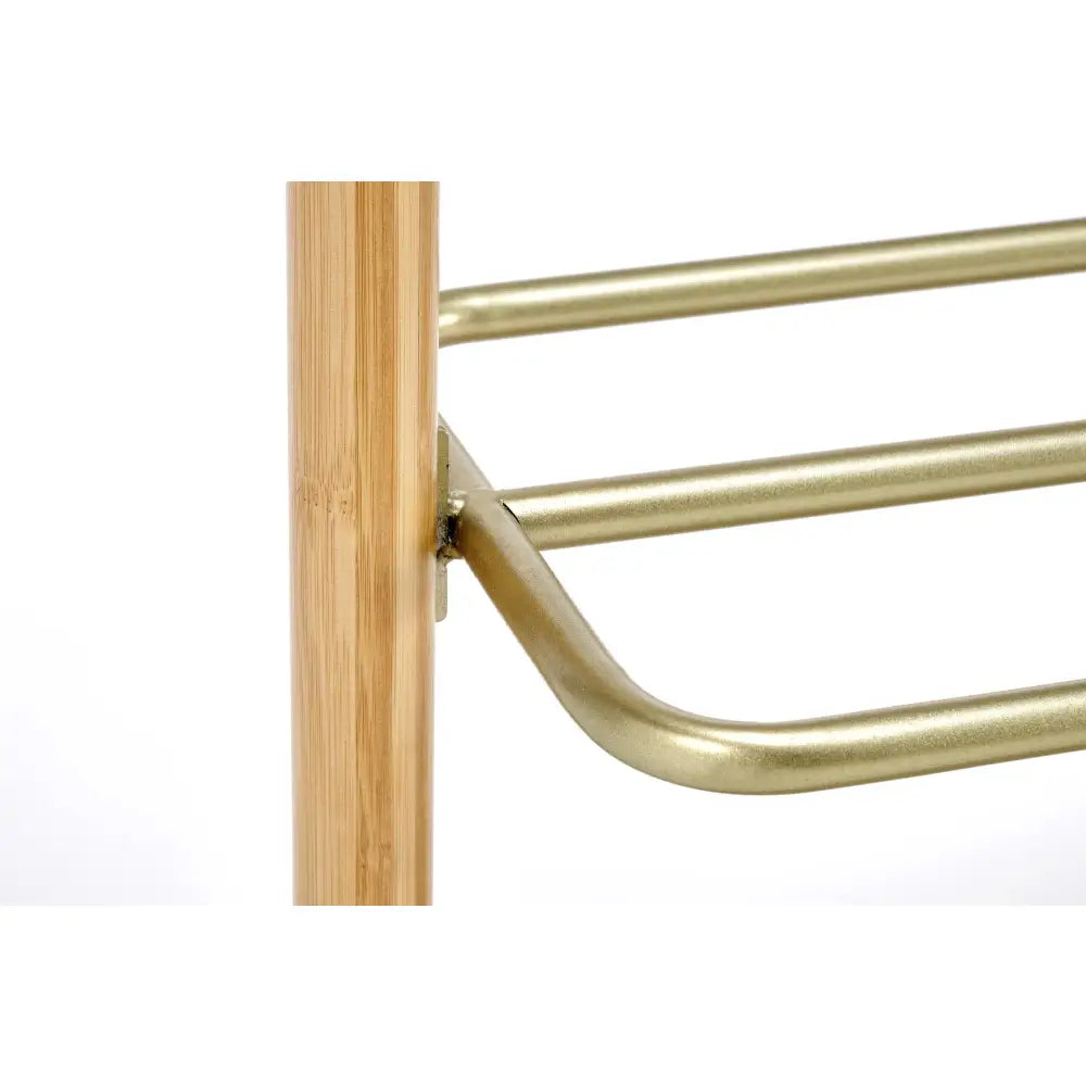 WU31 naturlig kleshenger, detaljert nærbilde av skjøten mellom lyst treverk og gullfarget metallrør.