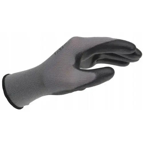 Würth monteringshanske i grått med svart grepbelegg, sidevisning av teksturert overflate og bøyd hånd.