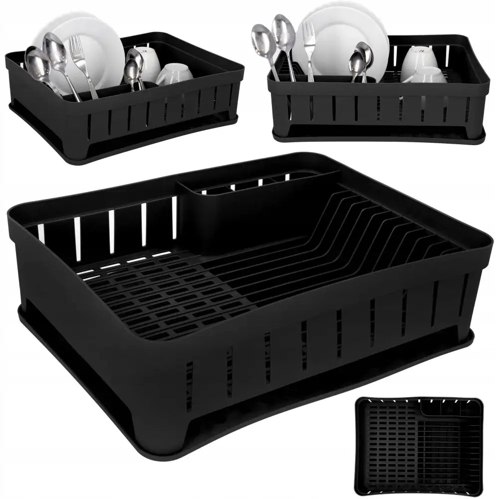 X2 Oppvasktørker i svart plast med bestikkholder og plass til servise, sett fra flere vinkler.