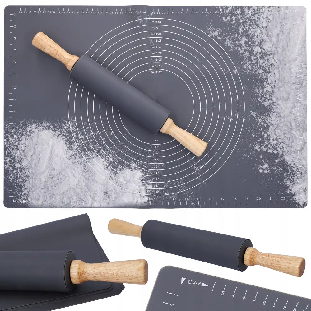 X2 silikon bakematte med hvite målelinjer og grå kjevle med treskaft, melstrødd, sett ovenfra og fra siden.