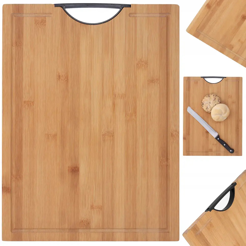 X2 skjærebrett i lyst tre, sett ovenfra med svart håndtak, brukt til å skjære brød med kniv.