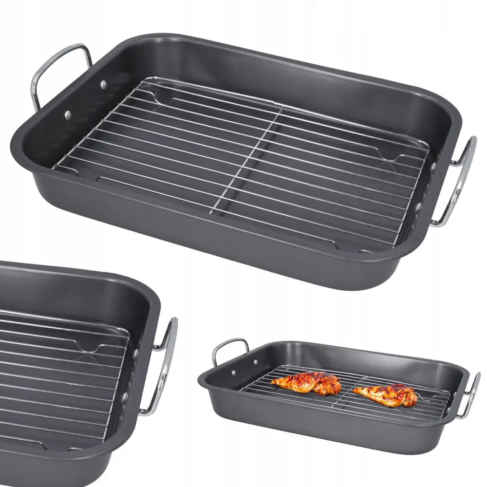X2 stekeplate med rist, svart rektangulær form med solide håndtak og stekte kyllingstykker på risten.