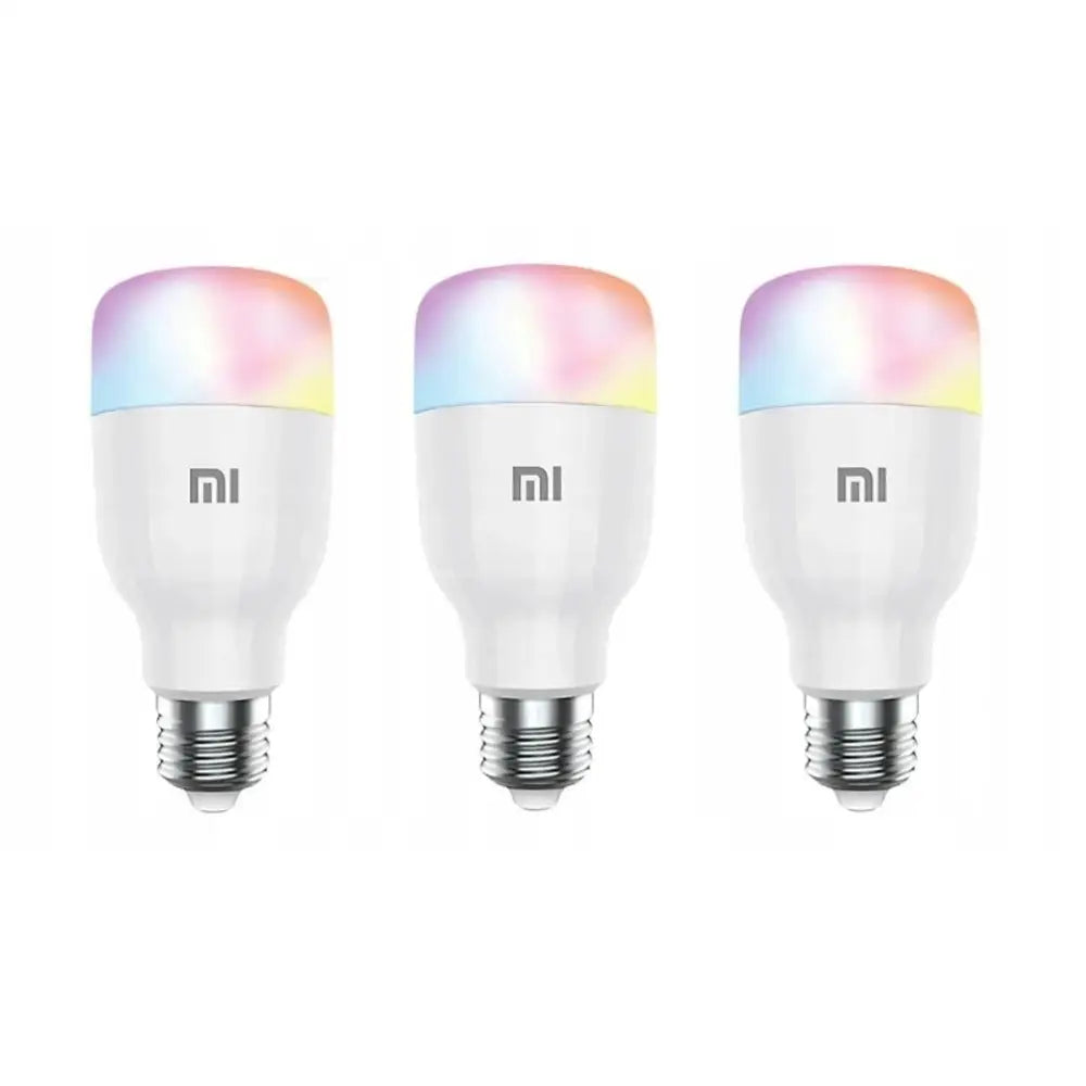 Xiaomi Smart LED-pærer med E27-sokkel, frontvisning med pastellfarget lys og grå logo på hver pære.