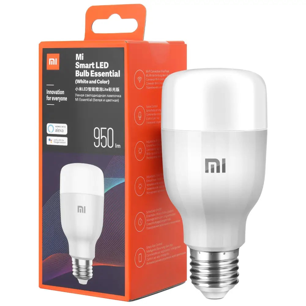 Xiaomi Mi LED Smart Pære Hvit&Farge, skrå frontvisning ved siden av oransje og svart produkteske.