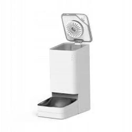 Xiaomi Smart Pet Food Feeder, hvit automatisk fôrdispenser med åpen topp og synlig metallskål i bunnen.