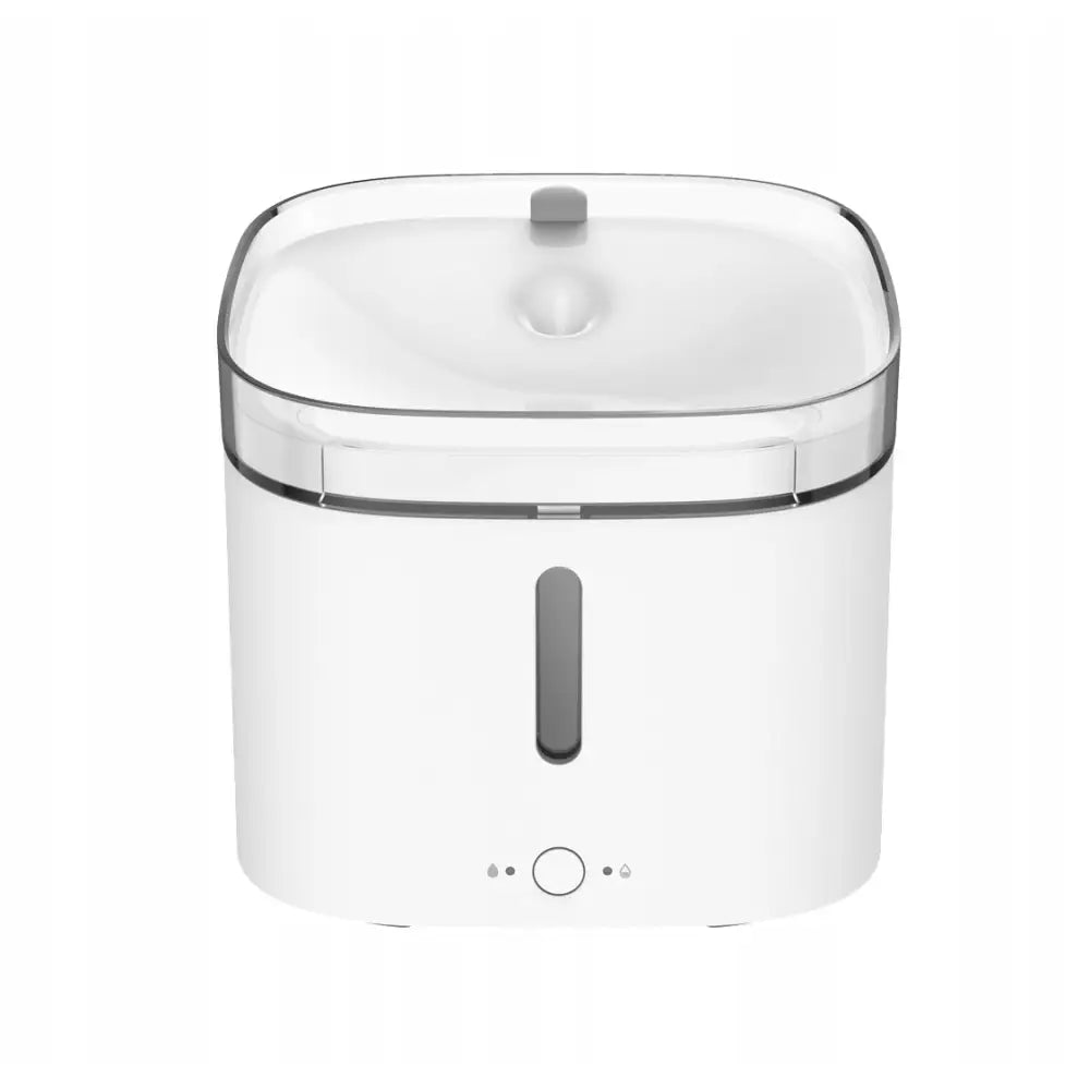 Xiaomi Smart Pet Fountain vannfontene, hvit plast med gjennomsiktig topp, nivåmåler og kontrollknapp foran.
