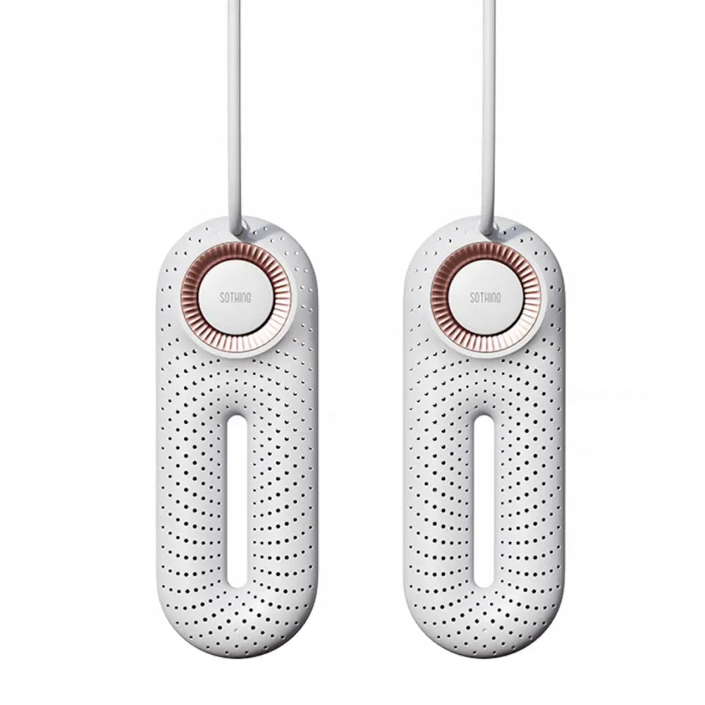 Xiaomi Sothing Pro skotørker i hvitt, to ovale enheter med kobberdetaljer og synlig ledning forfra.