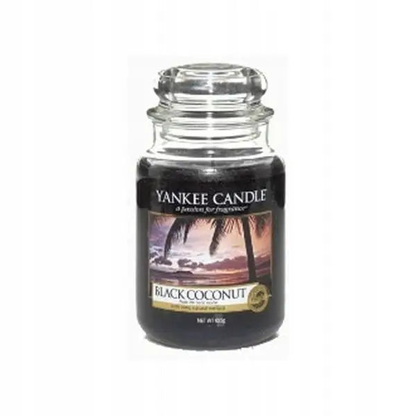 Yankee Candle Black Coconut stort duftlys, frontvisning med palmeetikett og svart glass med lokk.