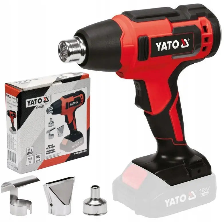 Yato batteridrevet varmluftspistol i rødt og svart med tre metallmunnstykker og original eske foran.