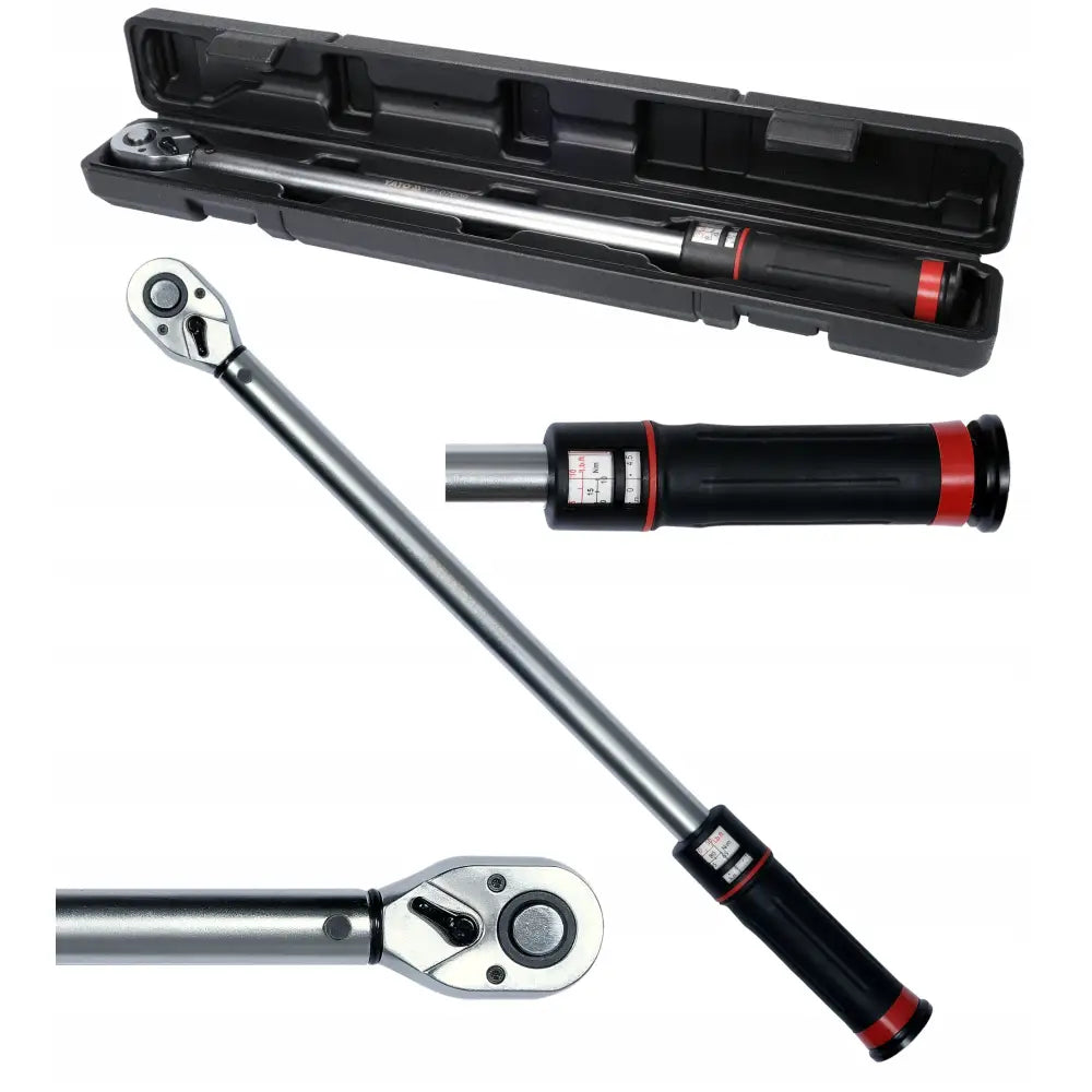 Yato momentnøkkel 1/2 med sort og rødt håndtak, liggende ved siden av hardplast etui, sett fra siden.