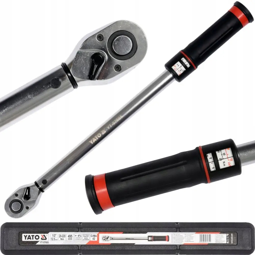 Yato momentnøkkel 1/2" med svart og rødt håndtak, nærbilde av hodet og tydelig innstillingsskala i etui.