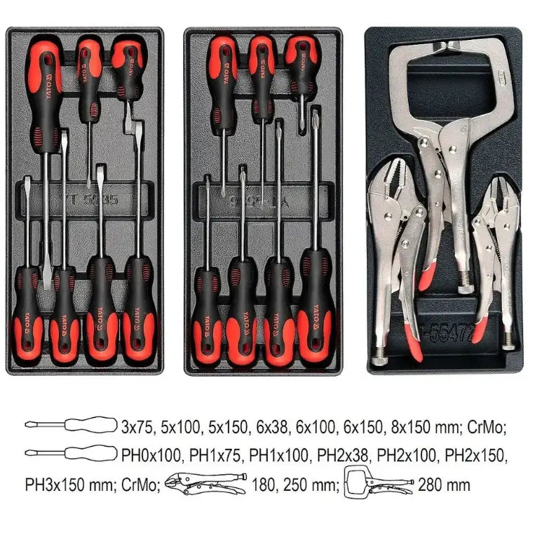 Yato serviceskap, sett ovenfra med organiserte håndverktøy, skrutrekkere og låsetenger i svarte plastinnlegg.