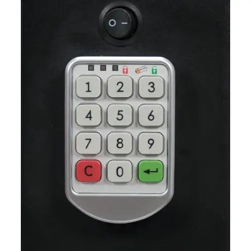 Numerisk tastatur til Yato serviceskap, med rød C-knapp, grønn bekreftelsesknapp og rund strømbryter.