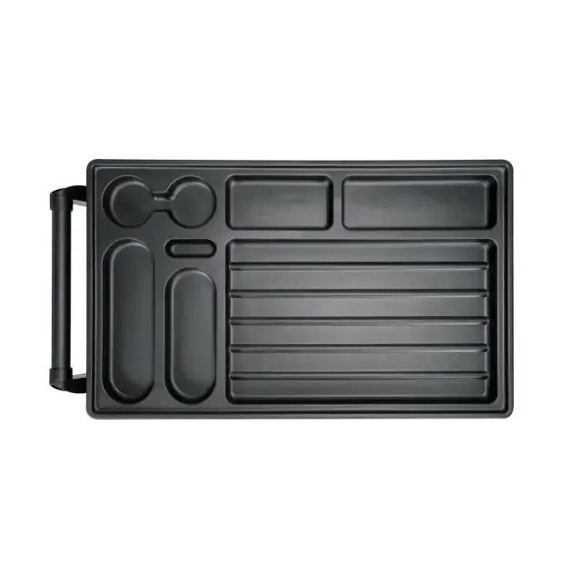 Sort plastbrett til Yato serviceskap, sett ovenfra med inndelte rom og håndtak på venstre side.