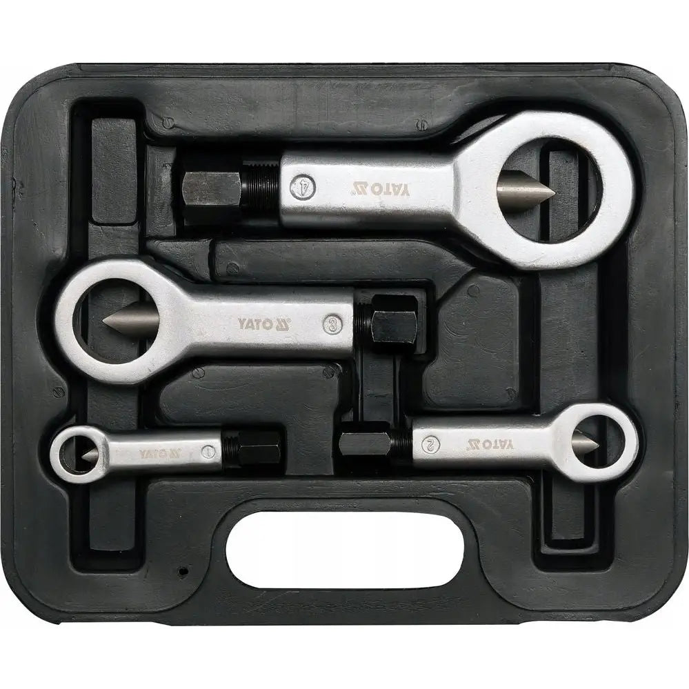 Yato meisler for muttere i metall, tre deler i sort koffert med formtilpassede rom og håndtak.