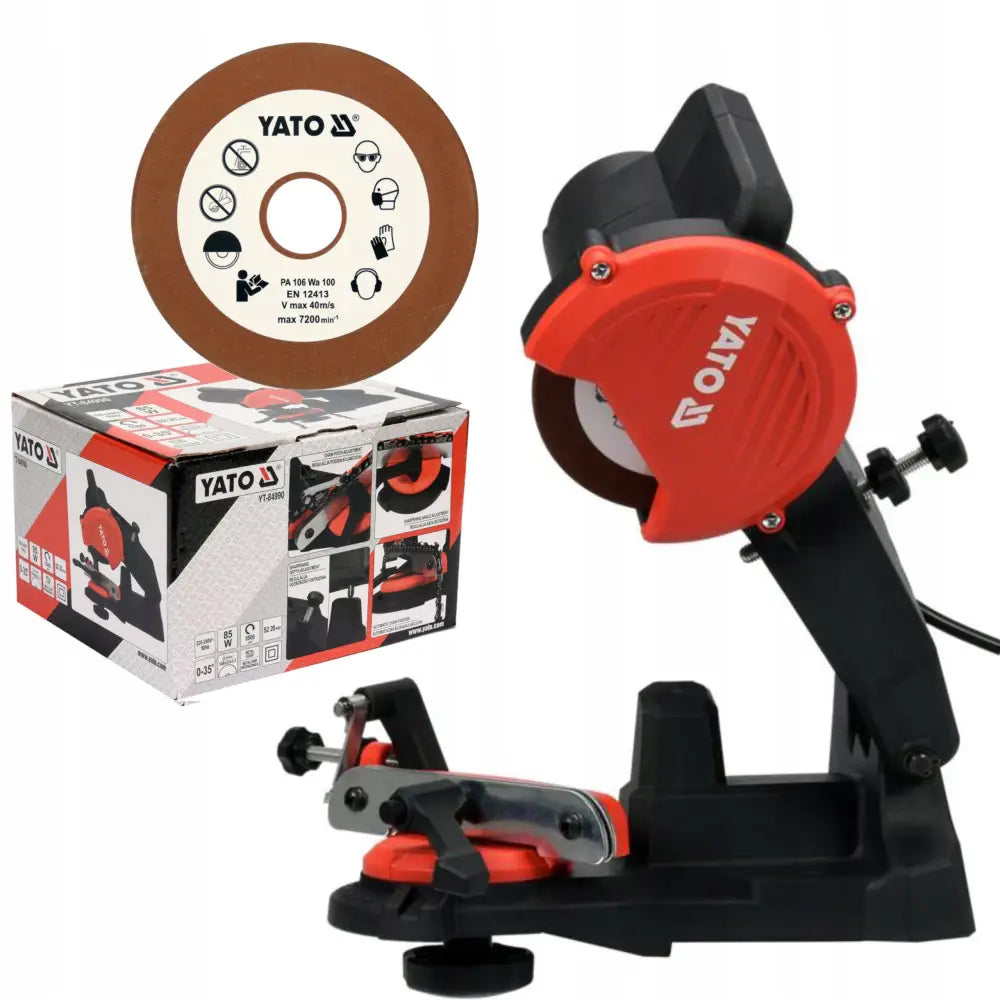 Yato sliper for sagkjeder i svart og rødt, skrå vinkel med brun slipeplate og original emballasje.