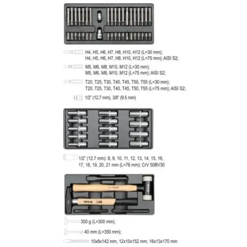 Yato verkstedvogns verktøysett med bits, piper og håndverktøy i plastinnlegg, oversikt fra toppen.