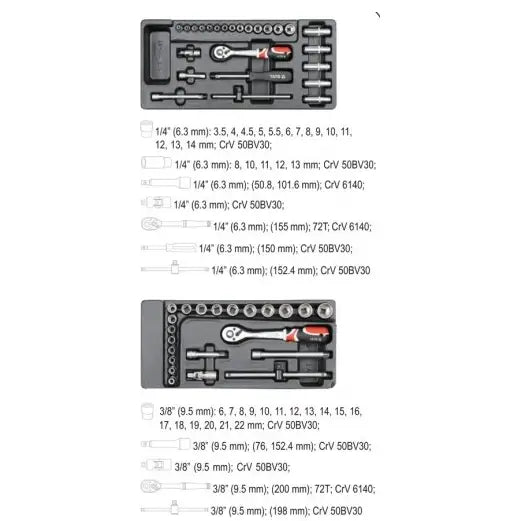 Yato verkstedvogn, oversikt over to sortiment med piper og verktøy i svarte bokser, sett ovenfra.