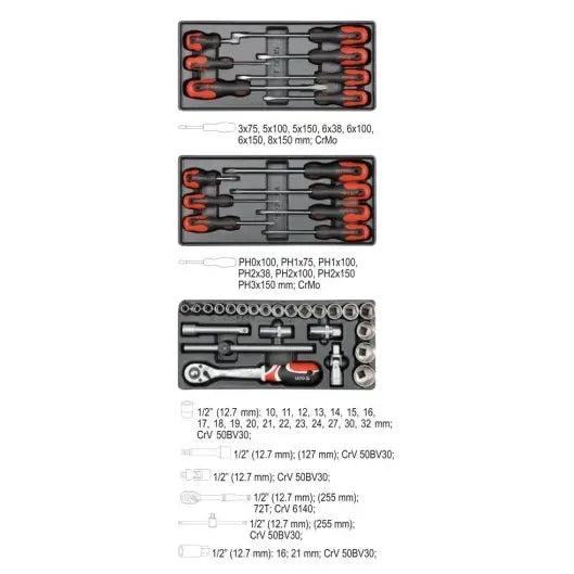 Yato verkstedvogn, oversiktsbilde av tre organiserte skuffer med håndverktøy og piper i røde plastinnlegg.